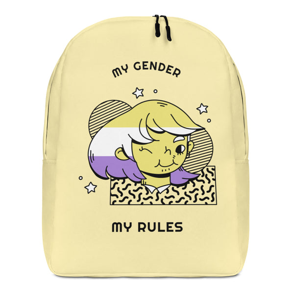 Front view of a pale yellow backpack reading “MY GENDER MY RULES,” with a cartoon character