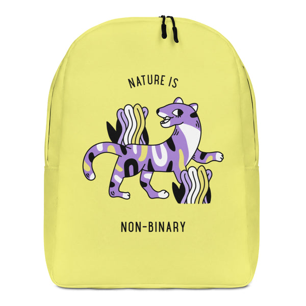 Front view of a yellow backpack reading “NATURE IS” and “NON-BINARY,” with a striped purple animal