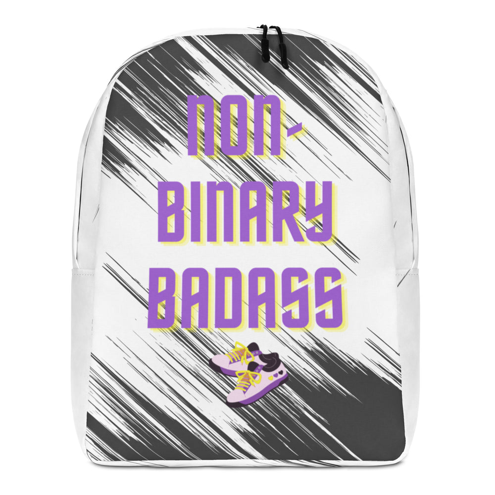 Front view of a white backpack reading “non-BINARY BADASS” with sneaker graphics