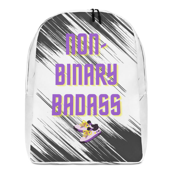 Front view of a white backpack reading “non-BINARY BADASS” with sneaker graphics