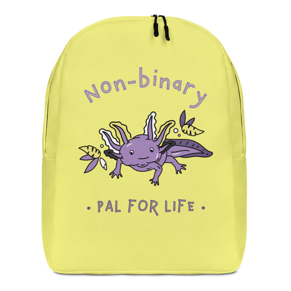 Front view of a yellow backpack reading “Non-Binary” and “Pal For Life,” with a purple axolotl