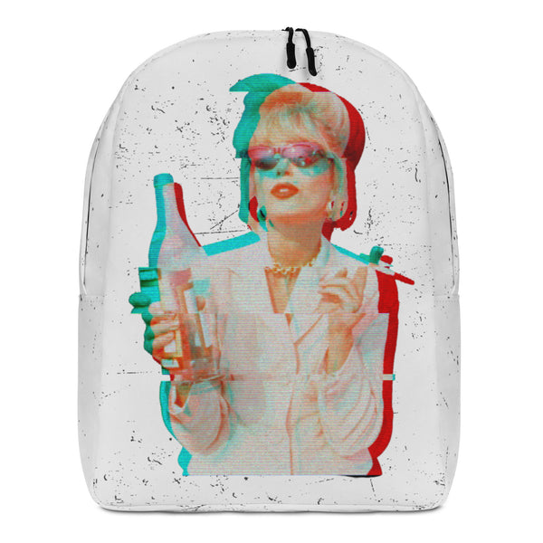 Front view of a white speckled backpack with a colorful retro portrait graphic