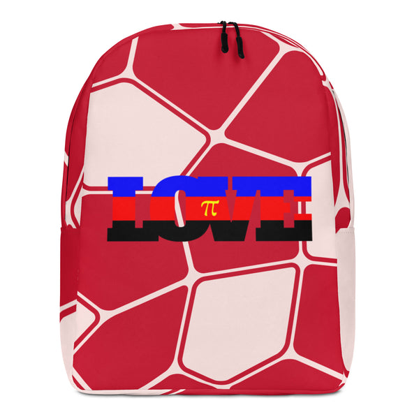 Front view of a red backpack with a white citrus-slice pattern and colorful LOVE graphic
