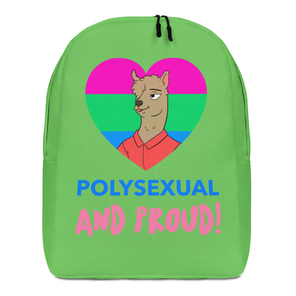 Front view of a bright green backpack reading “POLYSEXUAL AND PROUD!” with a llama in a pride-colored heart