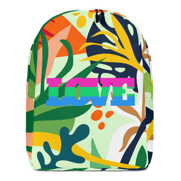 Front view of a colorful abstract-pattern backpack with large “LOVE” lettering and black zipper pulls