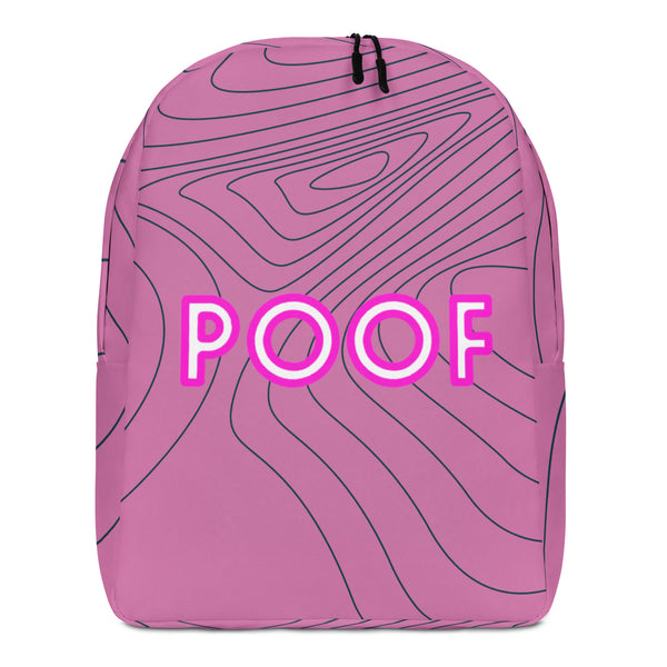 Front view of a pink backpack with dark wavy lines and the word “POOF” in white and magenta