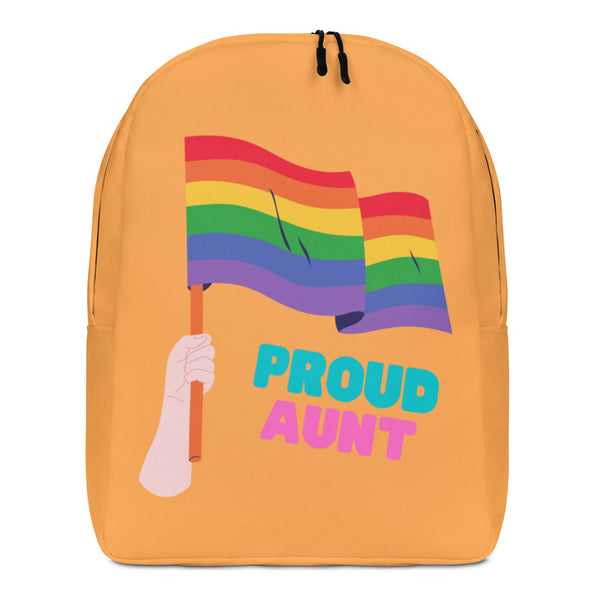 Front view of an orange backpack reading “PROUD AUNT,” with a rainbow flag graphic
