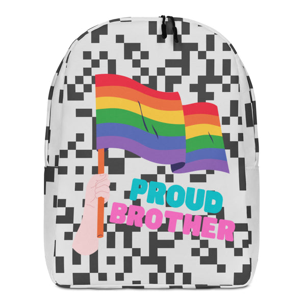 Front-view white backpack with black pixel pattern, rainbow flag, hand, and “PROUD BROTHER” text
