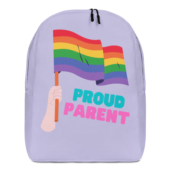 Front view of a lavender backpack with a rainbow flag and “PROUD PARENT” lettering