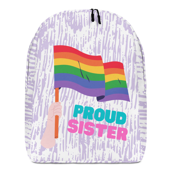 Front view of a lavender patterned backpack reading “PROUD SISTER” with a rainbow flag graphic