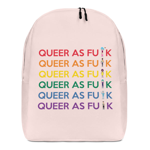 Pale pink backpack with rainbow text, front zip closure; queer Pride backpack with “Queer As F#CK Minimalist” design