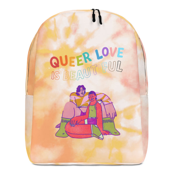 Front view of a pastel tie-dye backpack reading “QUEER LOVE IS BEAUTIFUL”