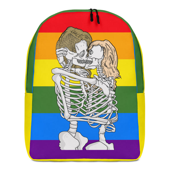 Front-facing backpack with two skeletons kissing over rainbow Pride stripes