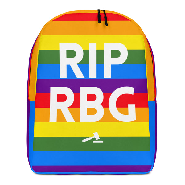 Front-facing rainbow-striped backpack with large white “RIP RBG” lettering and gavel icon