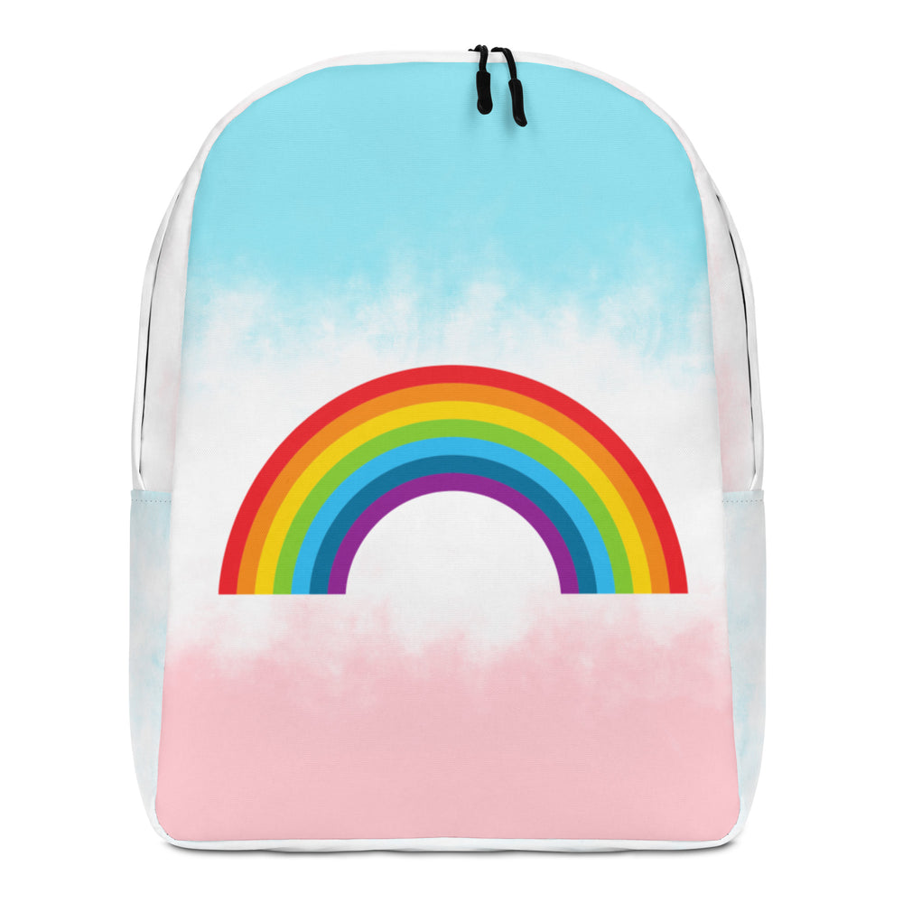 Front-facing pastel backpack with a rainbow graphic, blue sky, and pink lower pocket