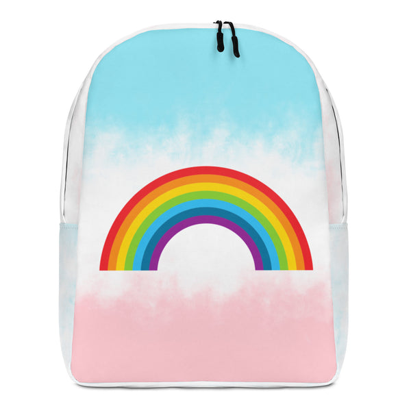 Front-facing pastel backpack with a rainbow graphic, blue sky, and pink lower pocket