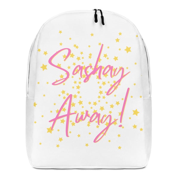 Front view of a white backpack reading “Sashay Away!” in pink script among yellow stars