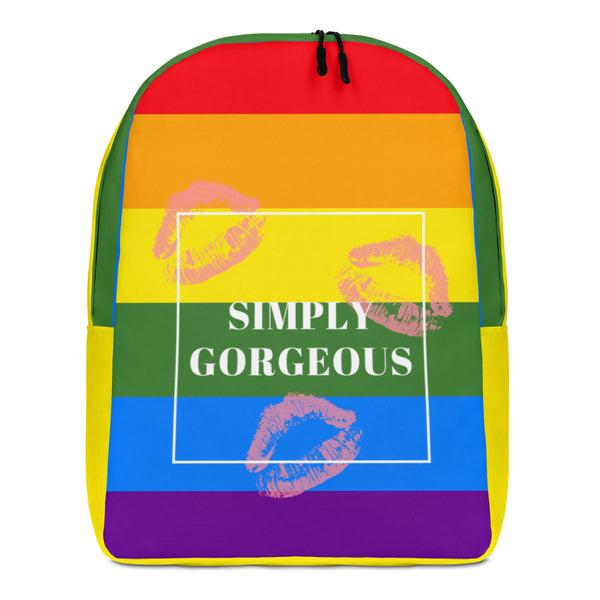 Front-facing rainbow-striped backpack with pink lips and “SIMPLY GORGEOUS” text