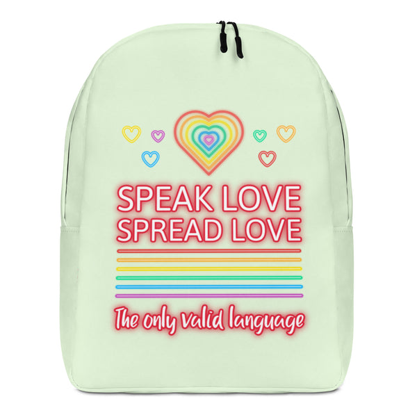Front-facing pale green backpack with rainbow hearts and the words “SPEAK LOVE SPREAD LOVE”