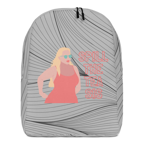 Front view of a gray backpack with a sunglasses-wearing woman and “SPILL THE TEA SIS” text