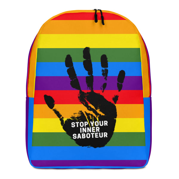Front-facing rainbow-striped backpack with a black handprint and “STOP YOUR INNER SABOTEUR” text