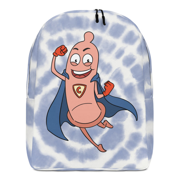 Front view of a pale blue tie-dye backpack with a smiling superhero condom cartoon
