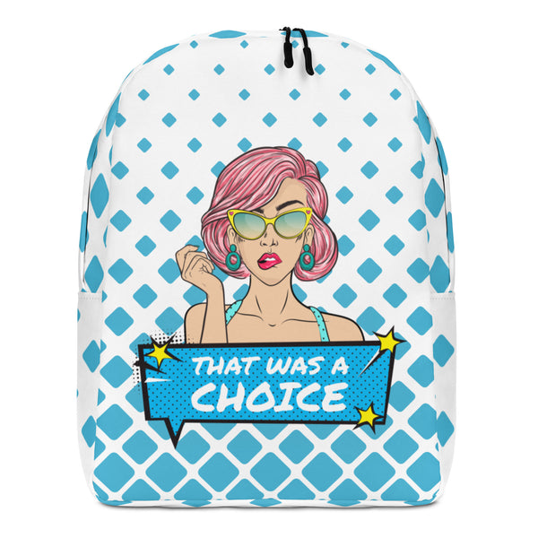 Front view of a white backpack with blue diamonds, pin-up graphic, and “THAT WAS A CHOICE” text