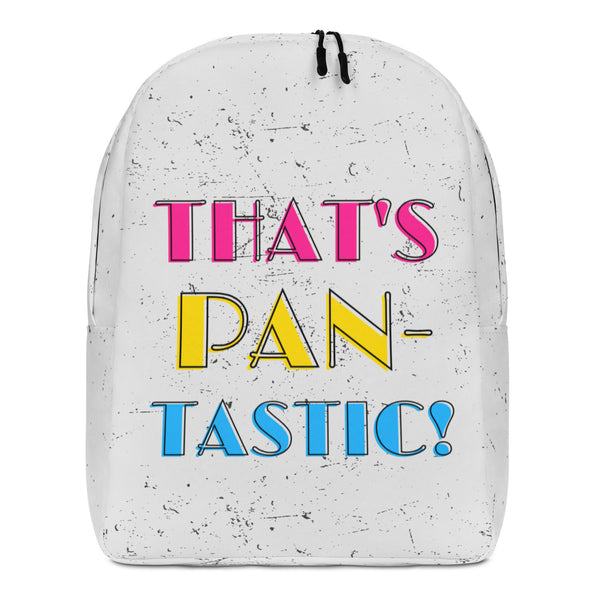 Front view of a white speckled backpack reading “THAT’S PAN-TASTIC!” in pink, yellow, and blue