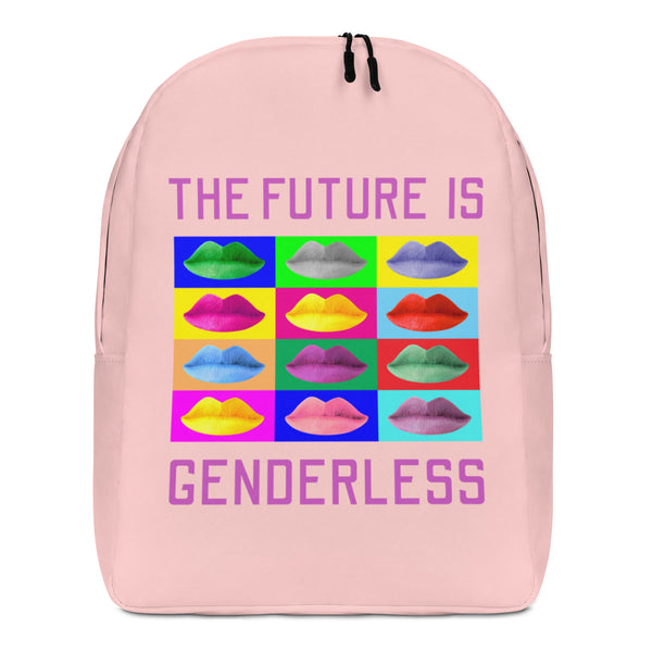 Front-facing pink backpack reading “THE FUTURE IS GENDERLESS,” with colorful lips grid