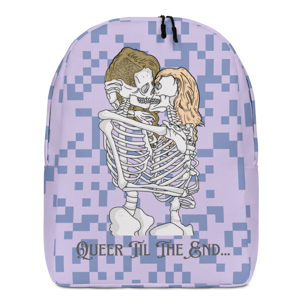 Front view of a lavender backpack with kissing skeletons and “QUEER TIL THE END...” text