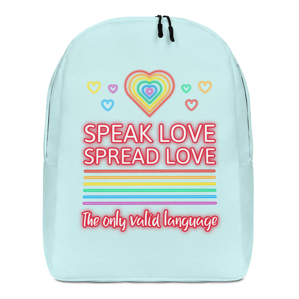 Front view of a light blue backpack with rainbow hearts and the words “SPEAK LOVE SPREAD LOVE.”