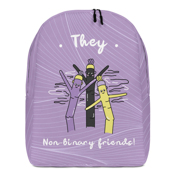 Front view of a lavender backpack reading “They” and “Non-binary friends!”
