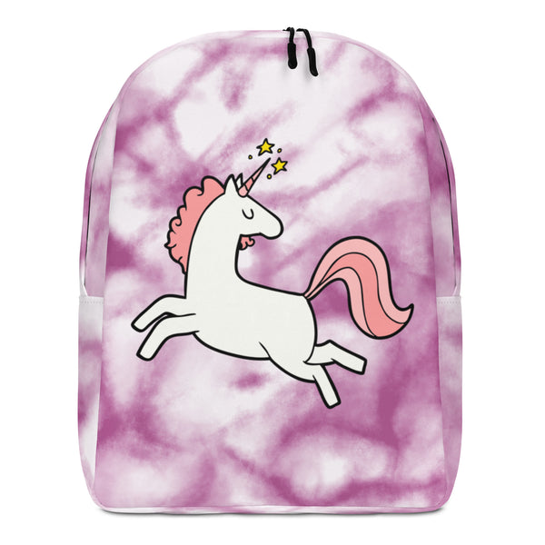 Front view of a pink tie-dye backpack with a leaping unicorn graphic