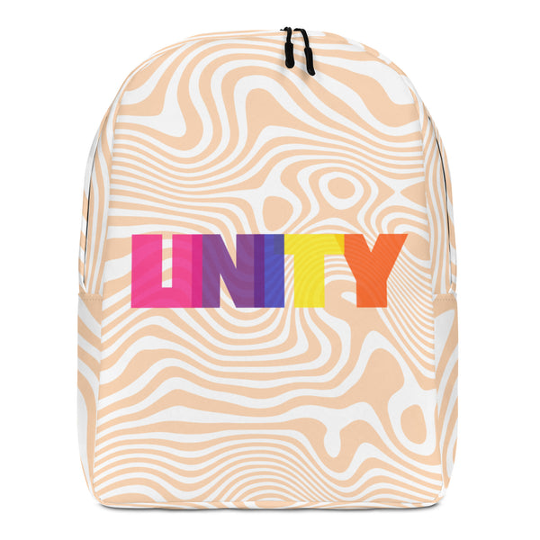 Front view of a beige-and-white wavy-pattern backpack with colorful “UNITY” lettering