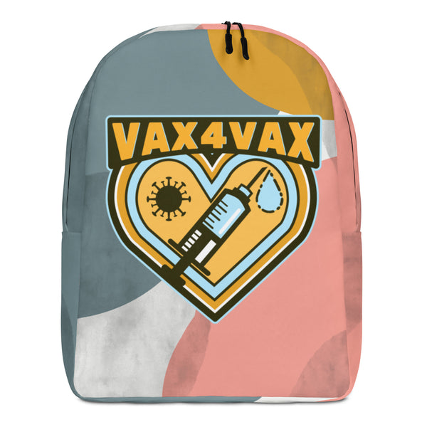 Front-facing backpack with “VAX 4 VAX” text, syringe, virus symbol, and blue-and-pink abstract panels