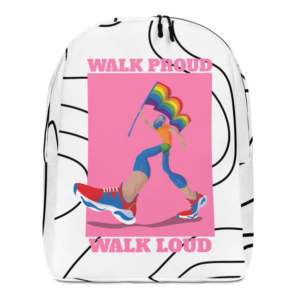 Front view of a white backpack reading “WALK PROUD WALK LOUD,” with a rainbow-clad walker