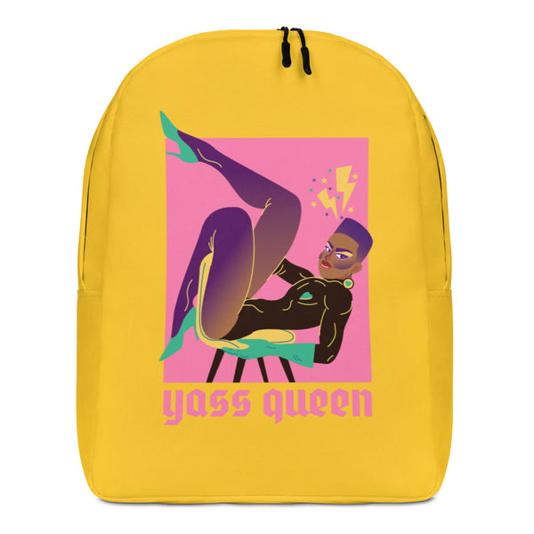 Front view of a yellow backpack with a colorful stylized mermaid and “Yass Queen” text