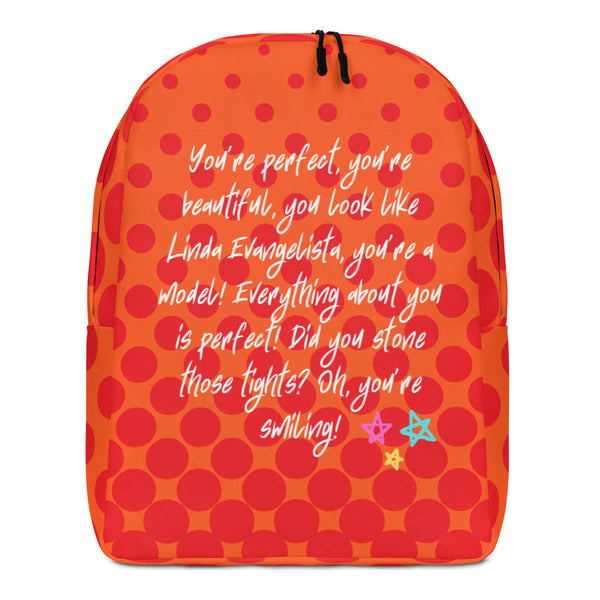 Front view of an orange backpack with red dots and white script text about Linda Evangelista