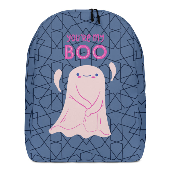 Front view of a blue patterned backpack with a pink ghost and “YOU’RE MY BOO” text