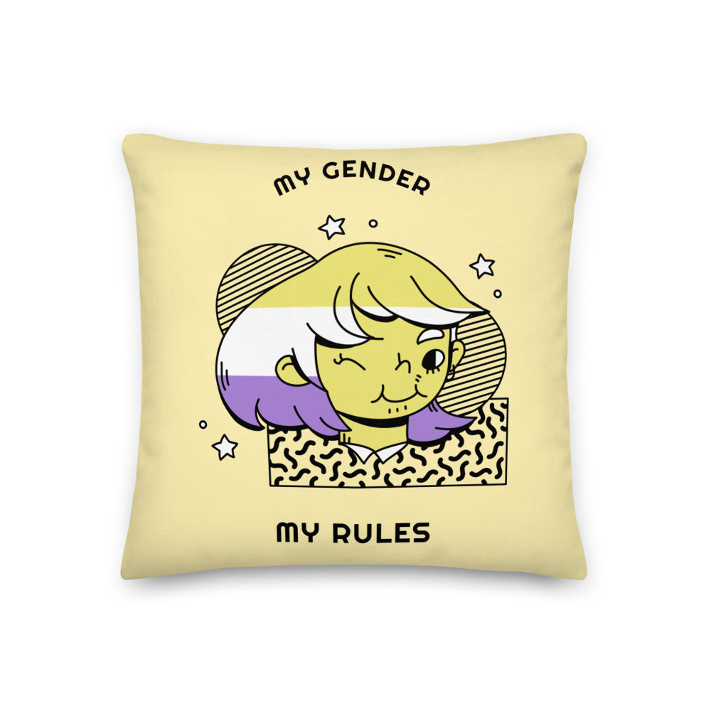 Yellow pillow reading “MY GENDER MY RULES,” with a colorful cartoon character and stars
