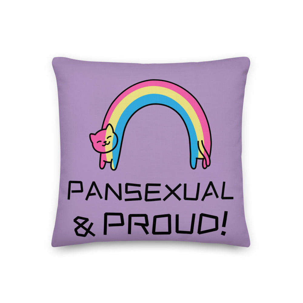 Lavender pansexual pride pillow with a rainbow cat and “PANSEXUAL & PROUD!” text