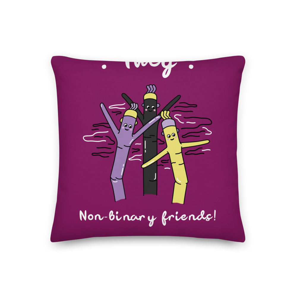 Purple non-binary pride pillow featuring three colorful cartoon figures and “Non-binary friends!” text