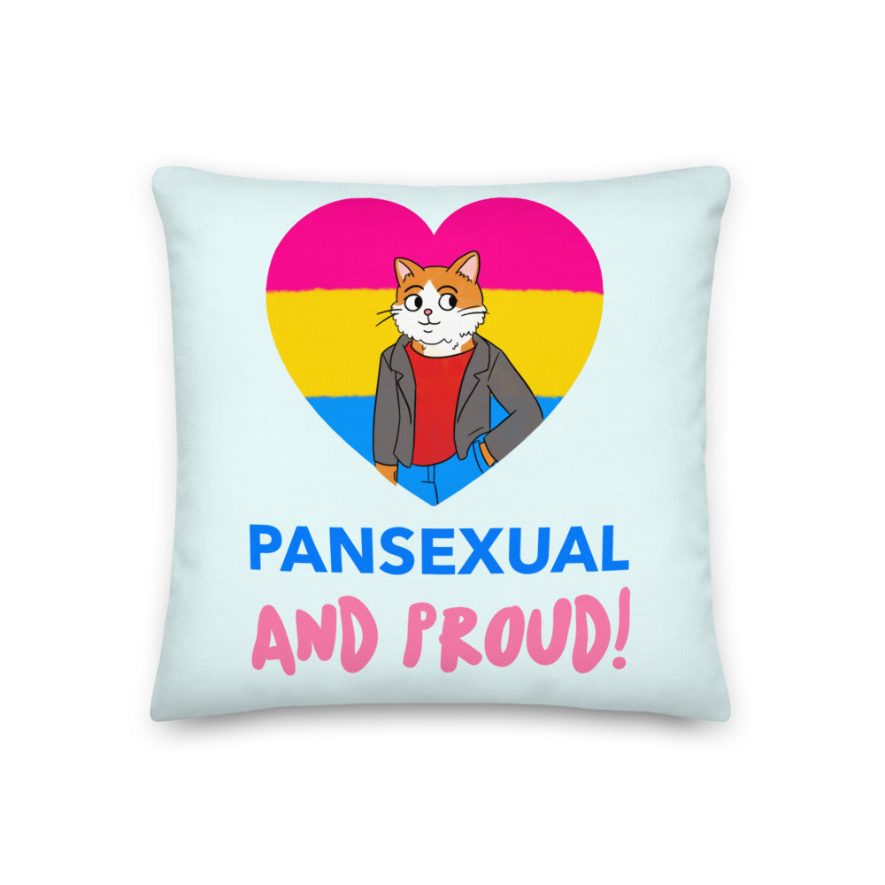 Pansexual pride pillow with a cat illustration and “PANSEXUAL AND PROUD!” text
