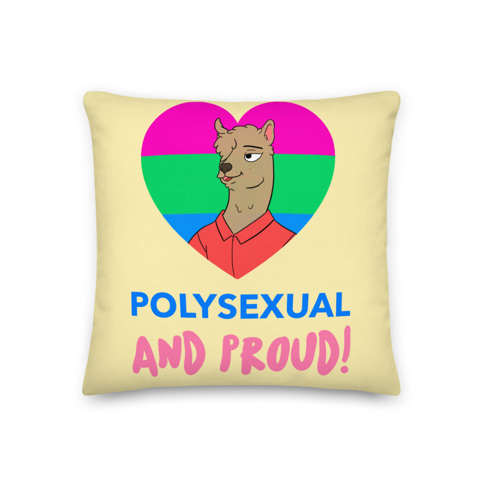 Polysexual pride pillow with a llama in a rainbow heart and “POLYSEXUAL AND PROUD!” text