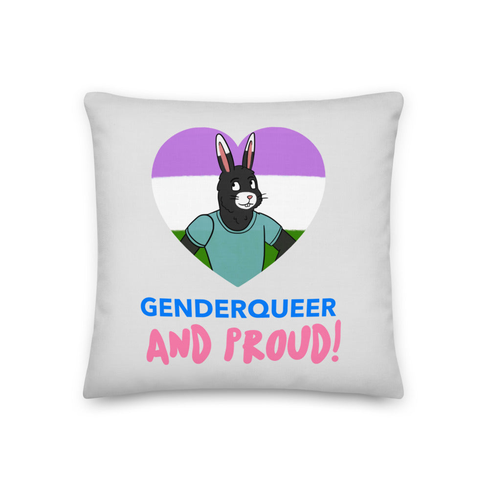 Genderqueer pride pillow with a rabbit illustration and “GENDERQUEER AND PROUD!” text