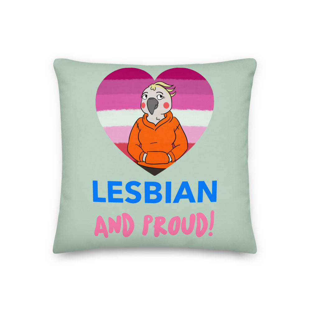 lesbians in fishnets: Lesbian And Proud Premium Pillow with a cartoon parrot in an orange hoodie on a heart in lesbian pride