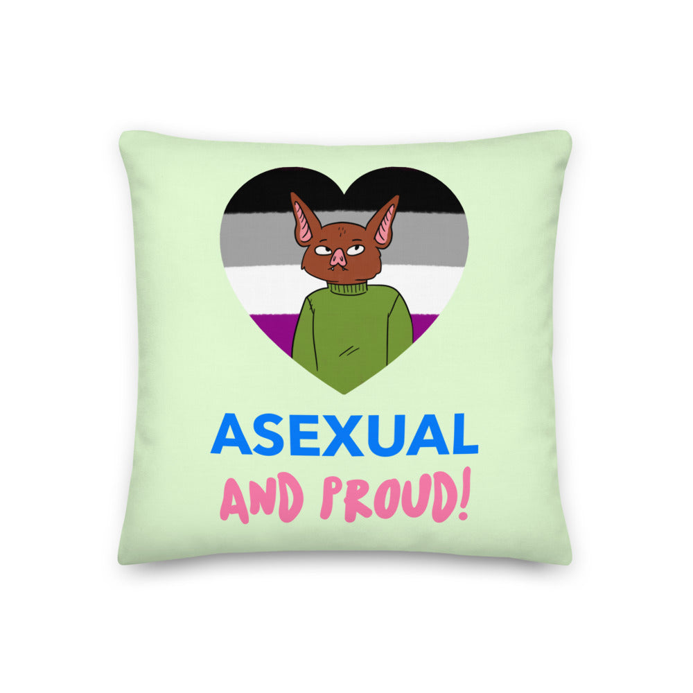Asexual pride pillow with a cartoon bat in an asexual flag heart and “ASEXUAL AND PROUD!” text