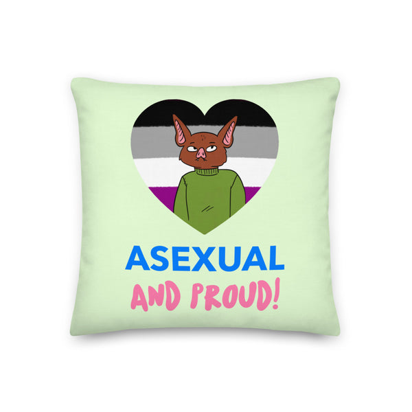 Asexual pride pillow with a cartoon bat in an asexual flag heart and “ASEXUAL AND PROUD!” text