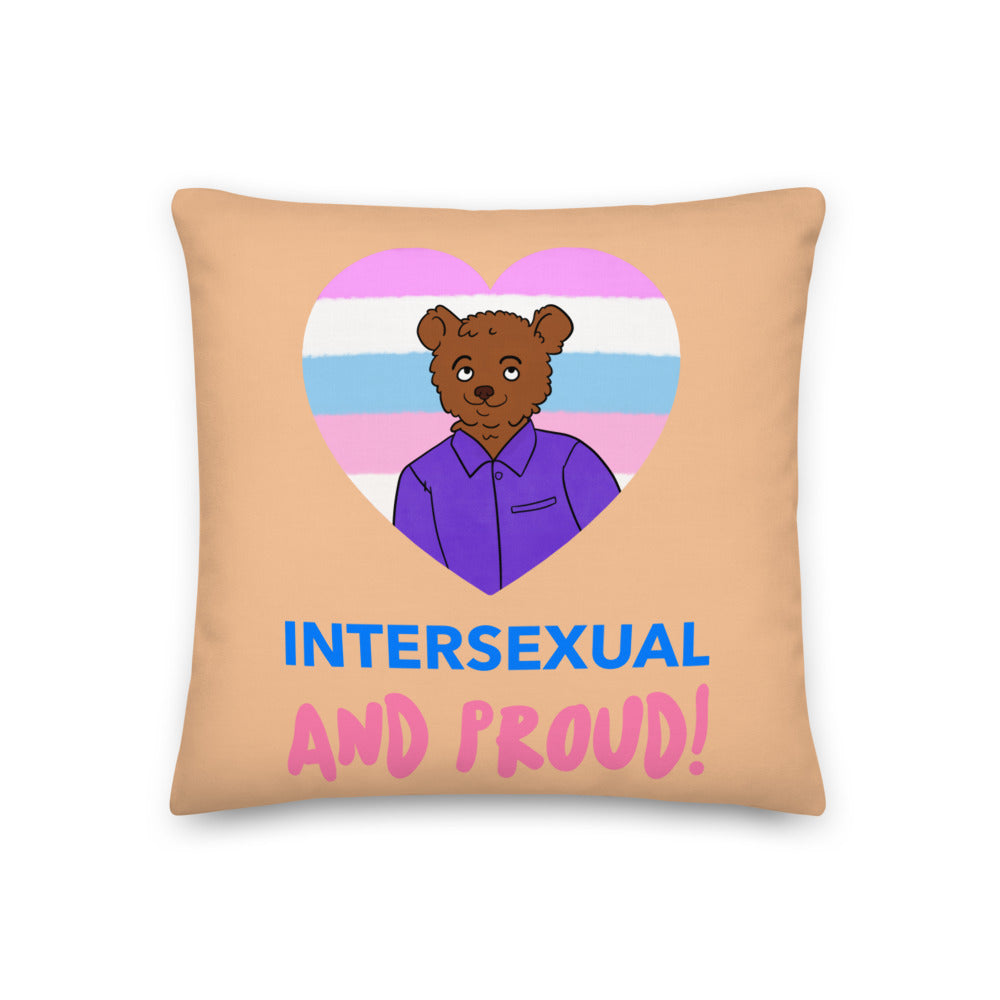 Intersex pride pillow with a bear in a heart and “INTERSEXUAL AND PROUD!” lettering