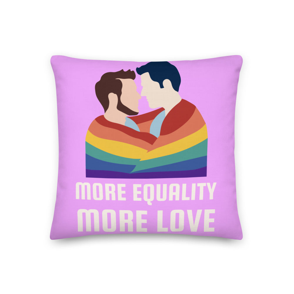 Purple equality-themed pillow with rainbow-wrapped couple and “MORE EQUALITY MORE LOVE” slogan